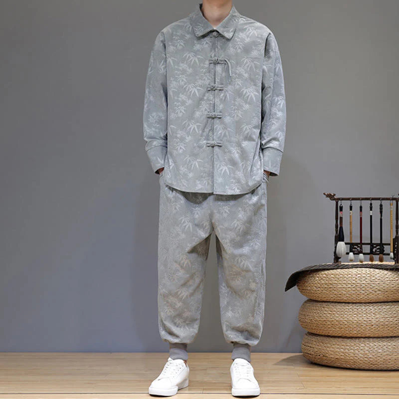 Buddha Stones 2Pcs Winter Thick Bamboo Men's Tang Suit Frog-Button Cotton Corduroy Long Sleeve Jacket Pants Set With Pockets