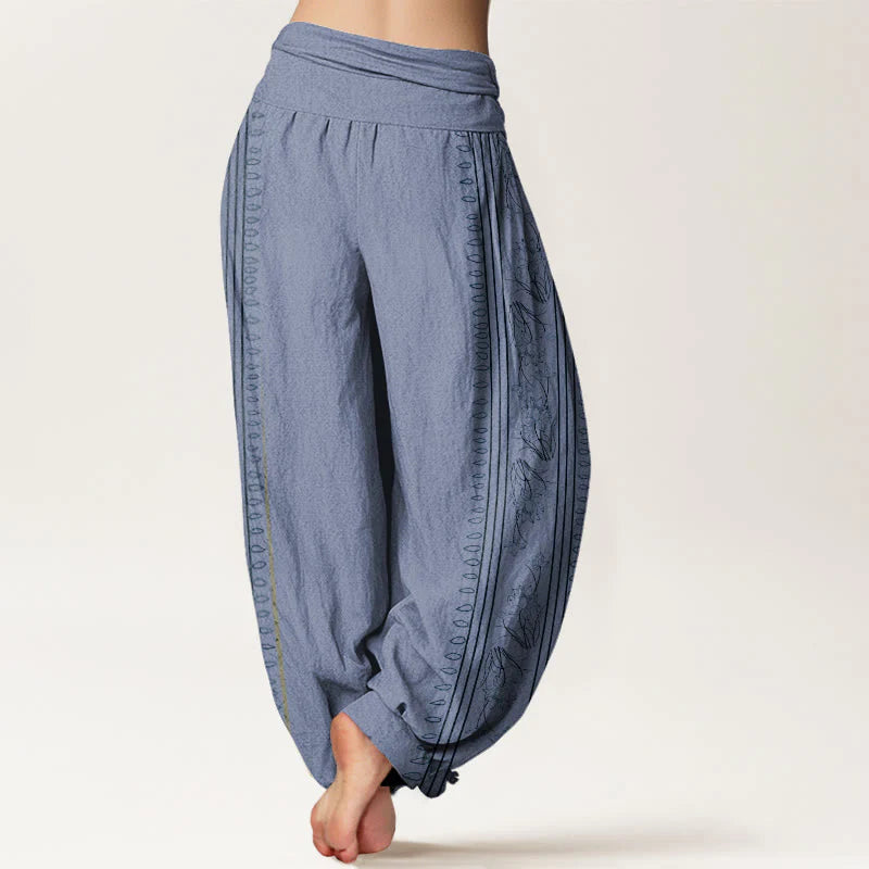 Buddha Stones Cotton Dharma Wheel Lotus OM Pattern Women's Elastic Waist Harem Pants