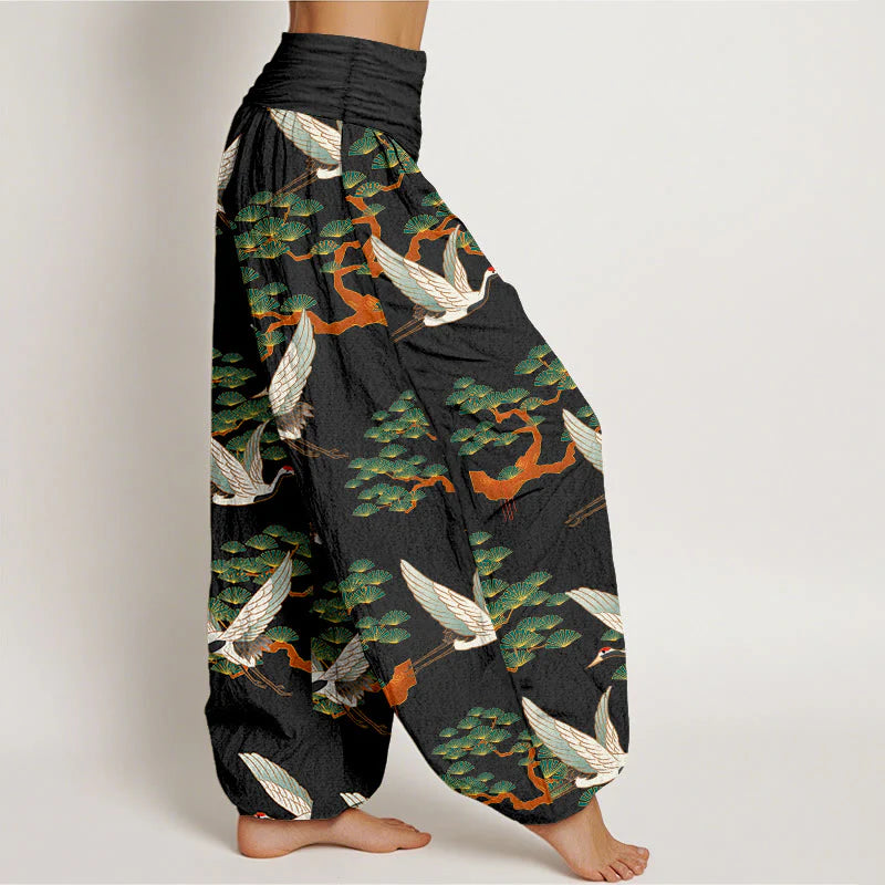 Buddha Stones Print Pine Tree Crane Pattern Pure Cotton Women's Elastic Waist Harem Pants