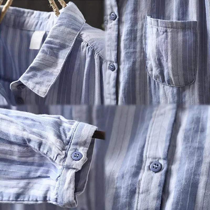 Buddha Stones Fall Vertical Stripes Button Down Stand Collar Long Sleeve Women's Cotton Shirt