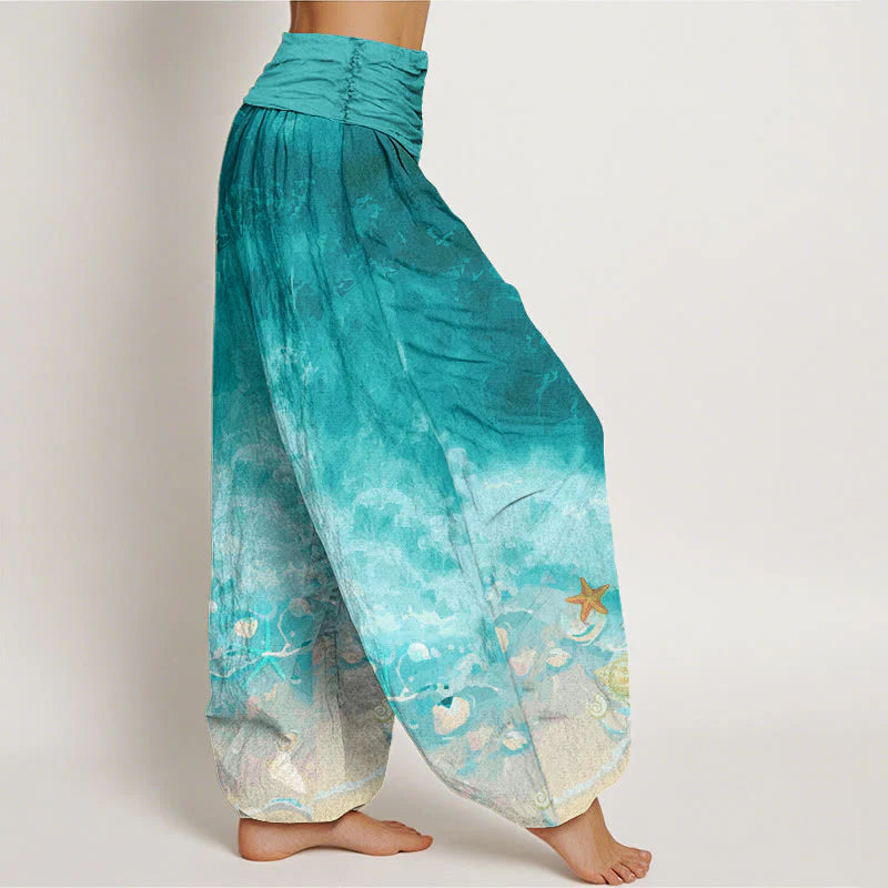 Buddha Stones Cotton Vast Ocean Pattern Women's Elastic Waist Harem Pants