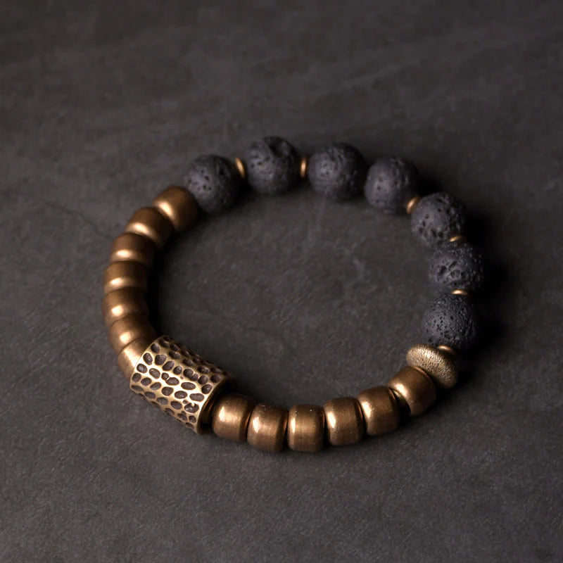 Buddha Stones Lava Rock Stone Rainbow Obsidian Brass Support Healing Bracelet