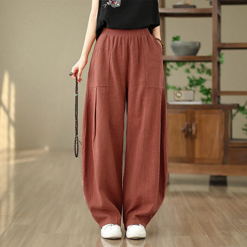 Buddha Stones Solid Color Cotton Linen Women's Straight Leg Pants With Pockets