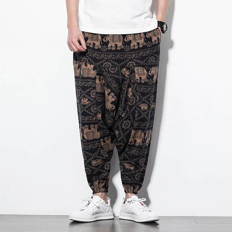 Buddha Stones Elephant Brown Black Print Cotton Men's Long Cropped Harem Pants With Pockets