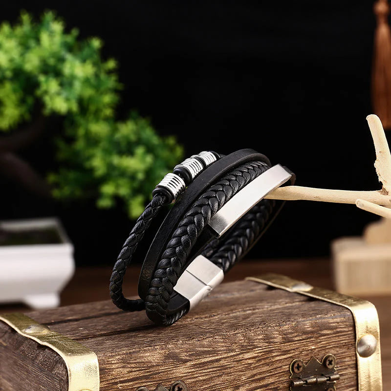 Buddha Stones Leather Multi-Layer Titanium Steel Balance Braided Magnetic Buckle Bracelet