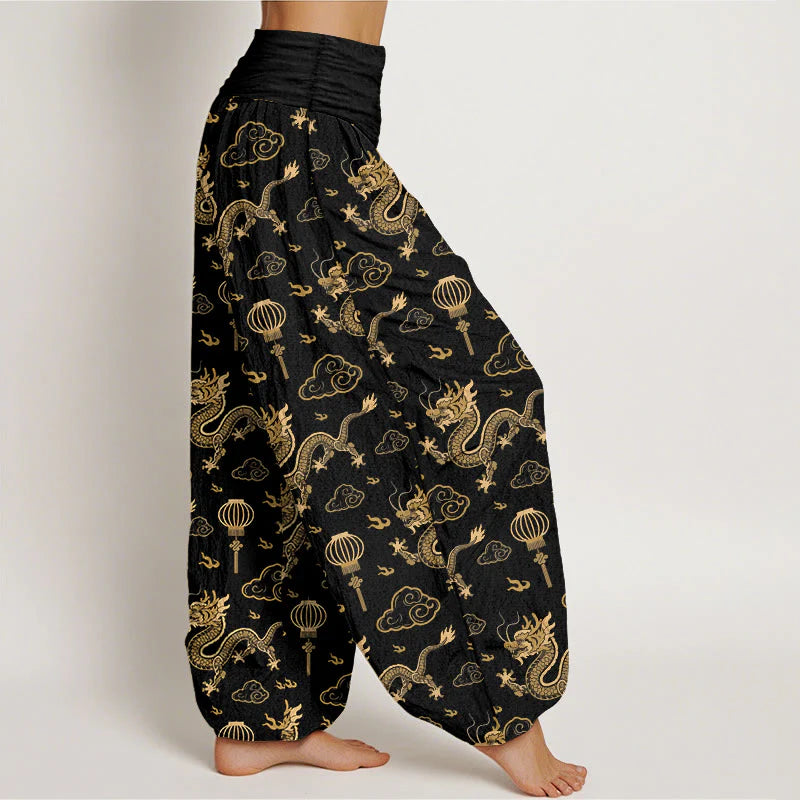 Buddha Stones Print Dragon Auspicious Cloud Lantern Pattern Women's Elastic Waist Harem Cotton Pants
