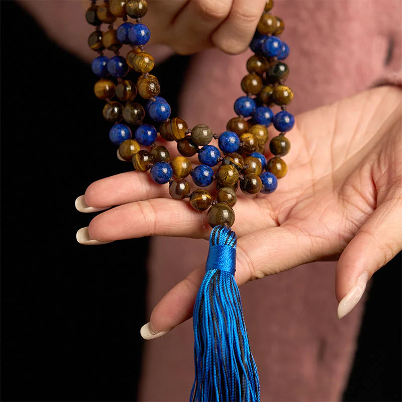 Buddha Stones 108 Beads Natural Stone Tiger Eye Lazurite Lapis Lazuli Mala Tassel Protection Bracelet