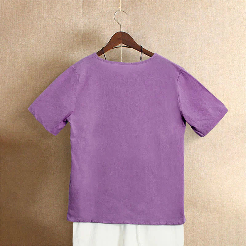 Buddha Stones Casual Summer Pure Color Jacquard Button Crew Neck Cotton Women's Short Sleeve T-Shirt