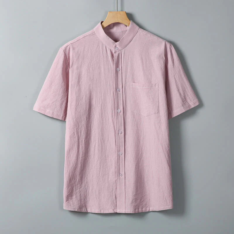 Buddha Stones Daily Printing Solid Color Single Breasted Men's Short Sleeve Cotton Linen Shirt WIth Pockets