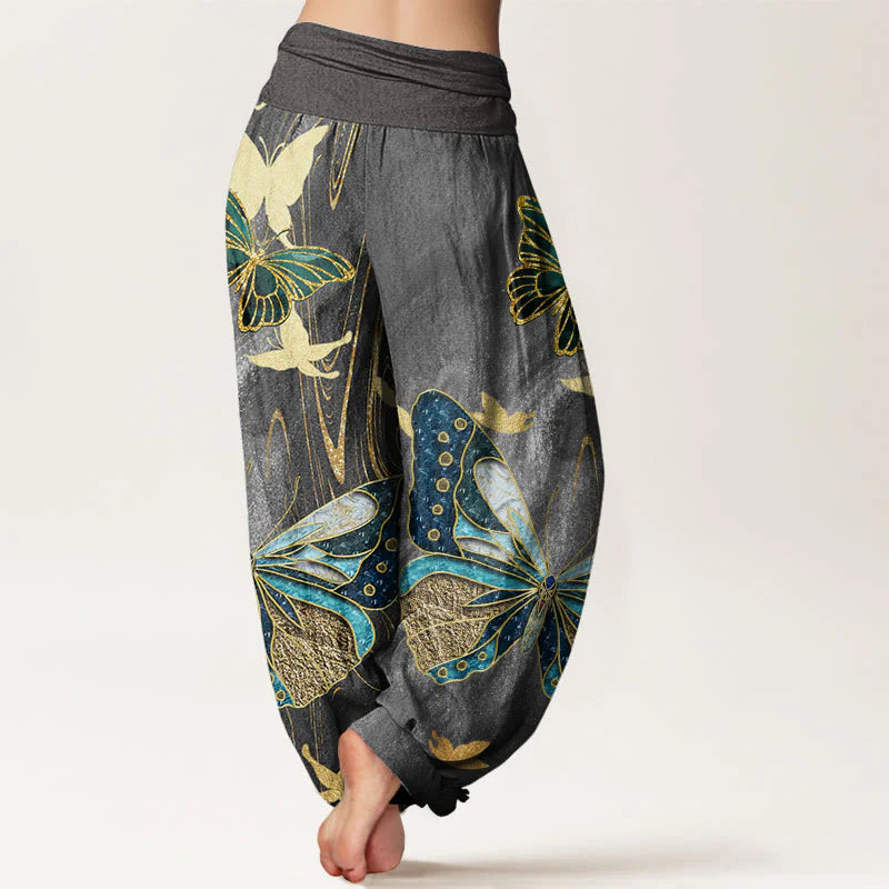 Buddha Stones Cotton Casual Butterfly Gold Line Pattern Women's Elastic Waist Harem Pants