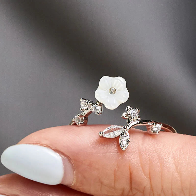 Buddha Stones White Flower Design Adjustable Healing Copper Ring