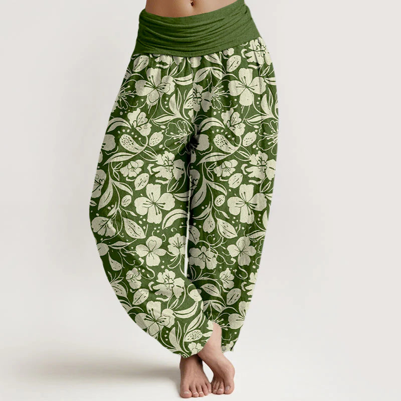 Buddha Stones Cotton Repeated Flowers Leaves Pattern Women's Elastic Waist Harem Pants