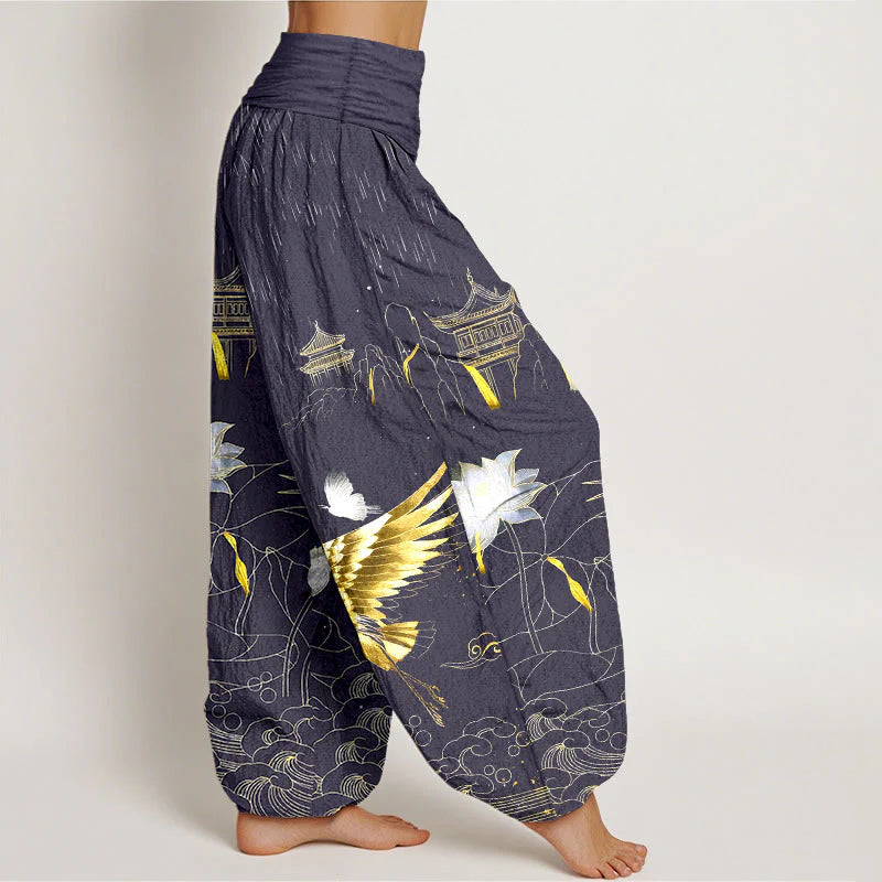 Buddha Stones Cotton Crane Lotus Mountain Pavilion Pattern Women's Elastic Waist Harem Pants