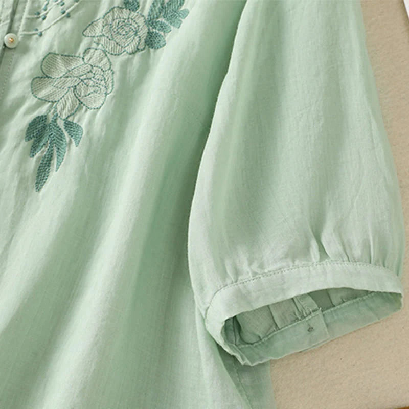Buddha Stones Rose Floral Embroidery Button Half Sleeve Women's Cotton Shirt