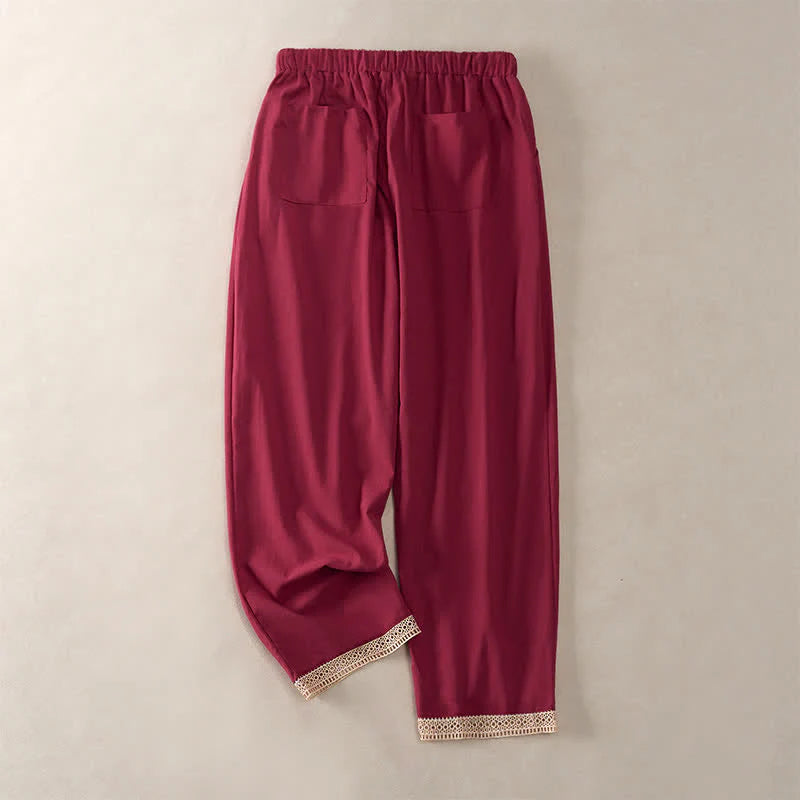 Buddha Stones Summer Lace-trimmed Hem Solid Color Women's Tapered Pants With Pockets
