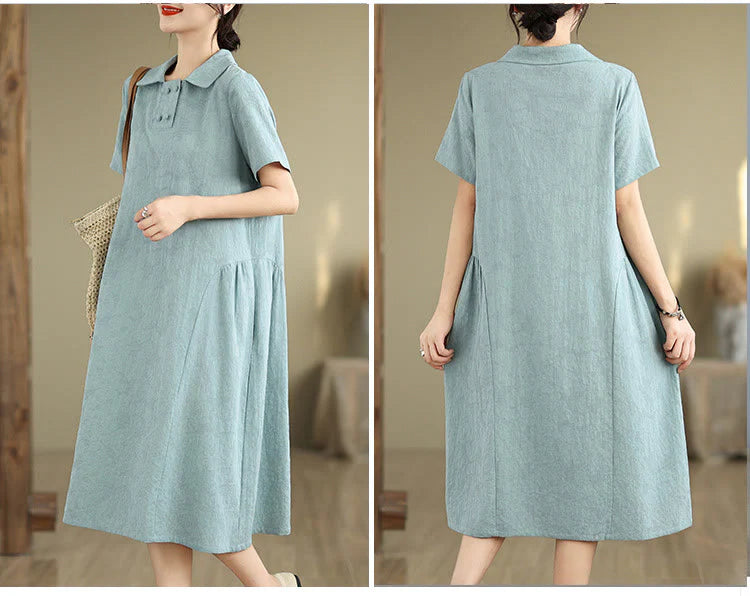 Buddha Stones Plain Jacquard Lapel Cotton Linen Short Sleeve Midi Dress With Pockets
