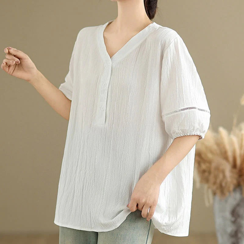Buddha Stones Casual Plain Button V-Neck Women's Polyester Short Sleeve Shirt