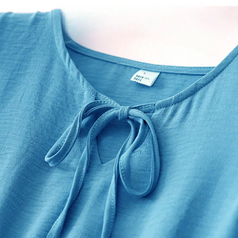Buddha Stones Casual Plain Handmade Lace-up Midi Dress Cotton Linen Sleeveless Dress With Pockets