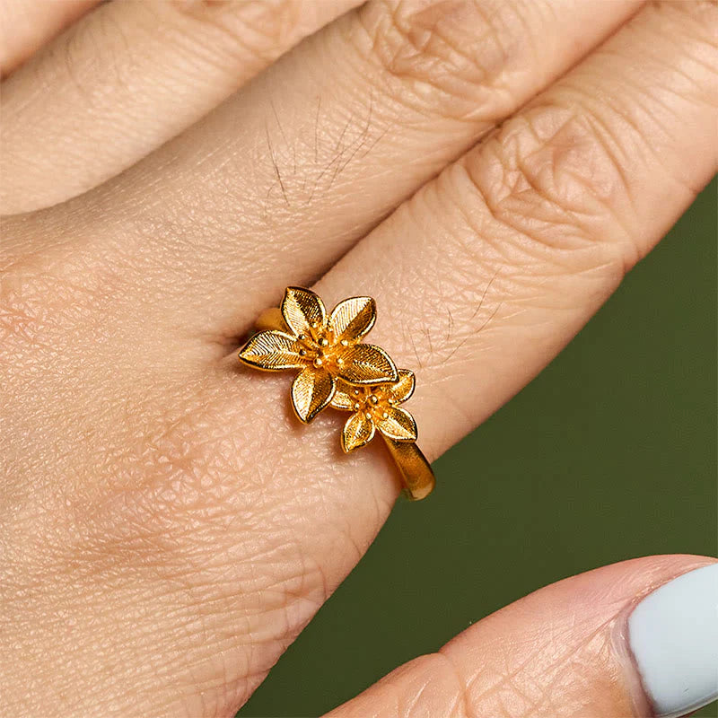 Buddha Stones Lilac Flower Adjustable 24k Gold Plated Copper Brass Ring