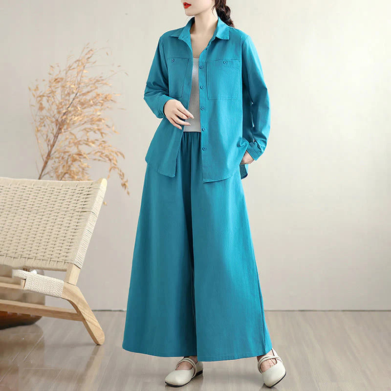 Buddha Stones 2Pcs Fall Solid Color Cotton Buttons Down Long Sleeve Shirt Ankle-Length Wide Leg Pants Women's Set With Pockets