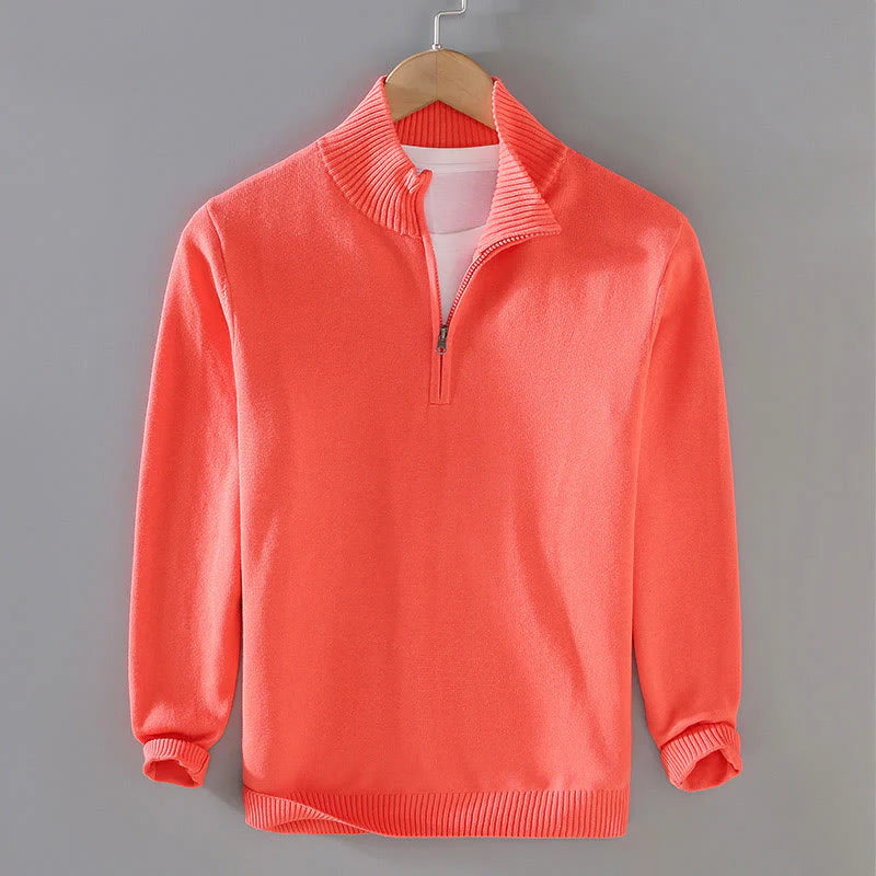 Buddha Stones Ribbed Solid Color Hem Design Men's Mock Neck Long Sleeve Pure Cotton Sweater