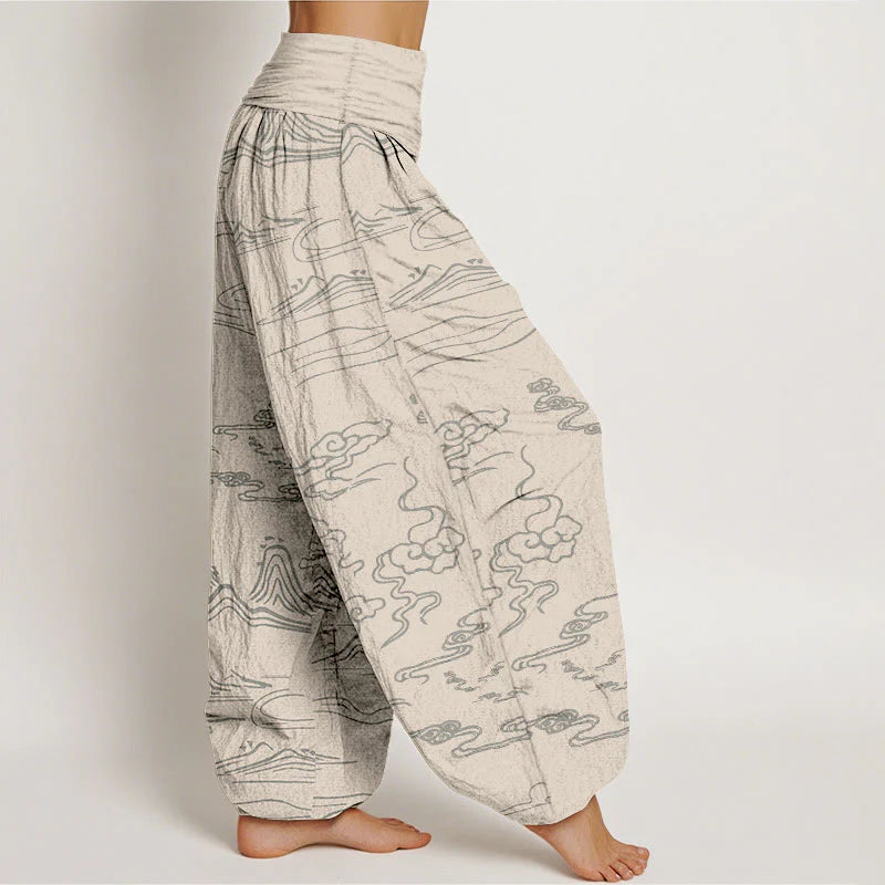 Buddha Stones Cotton Mountain Moon Auspicious Clouds Pattern Women's Elastic Waist Harem Pants