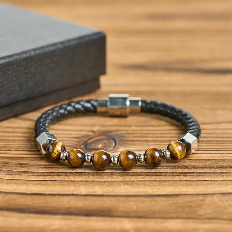 Buddha Stones Tiger Eye Titanium Steel Courage Balance Leather Bracelet