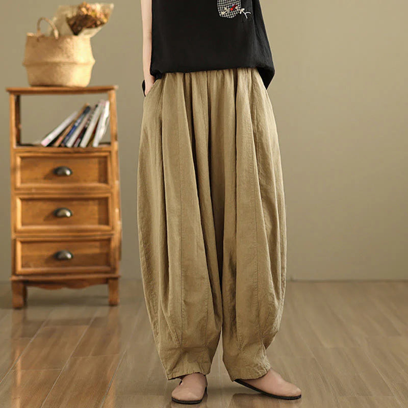 Buddha Stones Vintage Patchwork Lantern Design Cotton Linen Women's Wide Leg Pants With Pockets