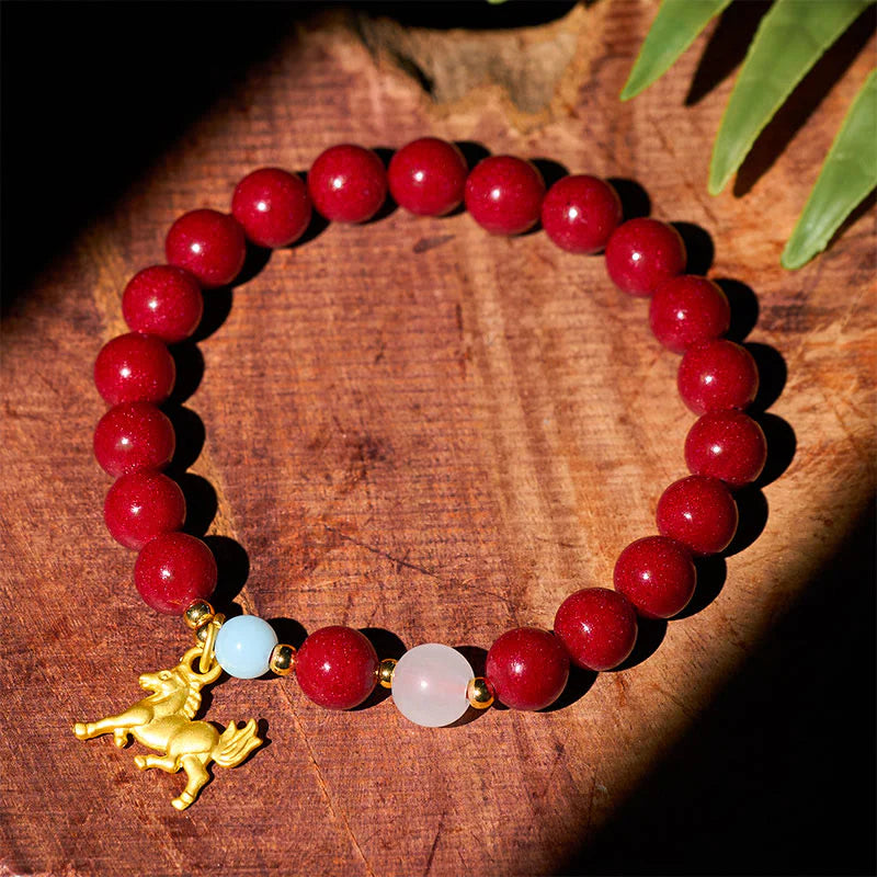Buddha Stones Year of the Horse Running Horse Charm Cinnabar Blessing Bracelet