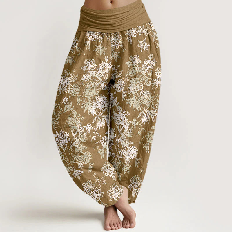 Buddha Stones Cotton Retro Layered Petals Pattern Women's Elastic Waist Harem Pants