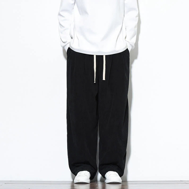 Buddha Stones Plain Drawstring Pure Cotton Corduroy Men's Harem Pants With Pockets