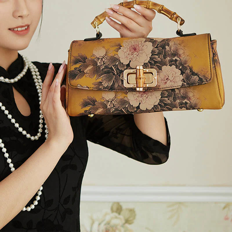 Buddha Stones Flower Pattern Bamboo Handle Metal Chain Crossbody Bag Handbags