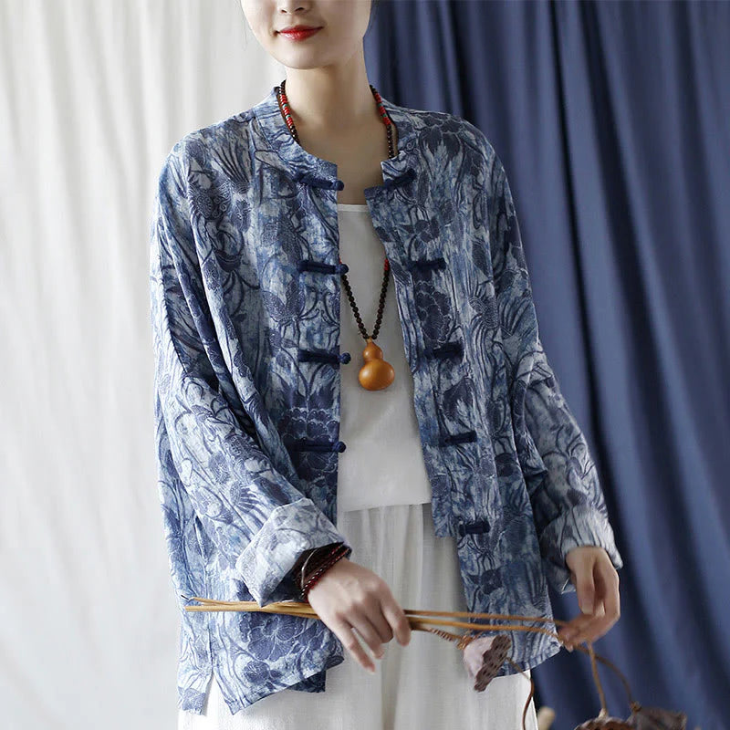 Buddha Stones Retro Blue White Flowers Frog-Button Design Long Sleeve Ramie Linen Jacket Shirt