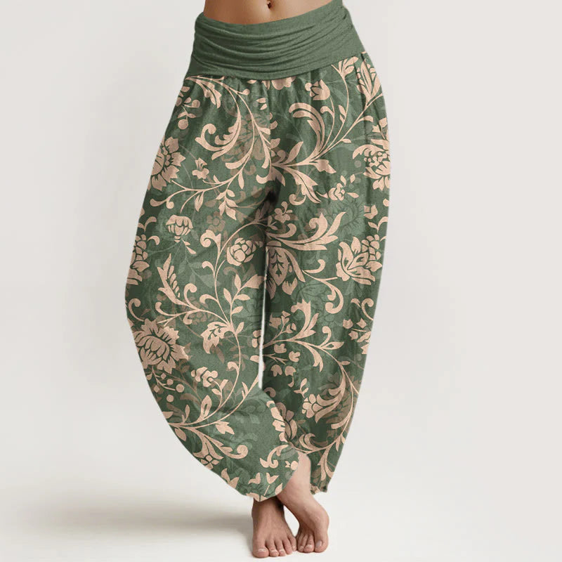 Buddha Stones Cotton Understated Luxury Flower Vine Pattern Women's Elastic Waist Harem Pants