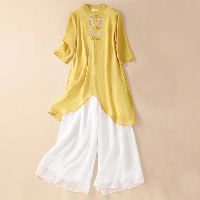 Buddha Stones Women's Flower Embroidery Frog-Button Shirt Dress Wide Leg Pants
