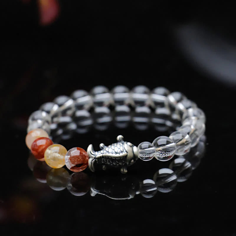 Buddha Stones Clear Quartz 999 Sterling Silver Koi Fish Protection Bracelet