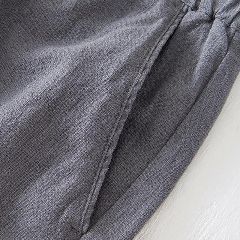 Buddha Stones Summer Solid Color Drawstring Elastic Waist Men's Cotton Linen Shorts With Pockets
