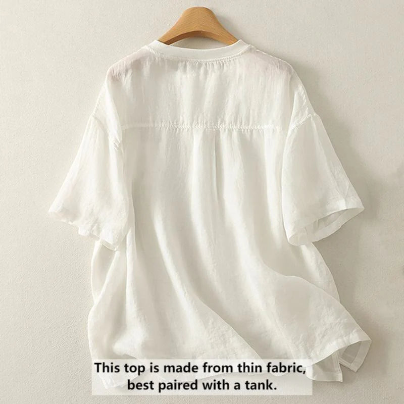 Buddha Stones Casual Embroidery Red Heart Short Sleeve Women's Cotton Linen T-Shirt