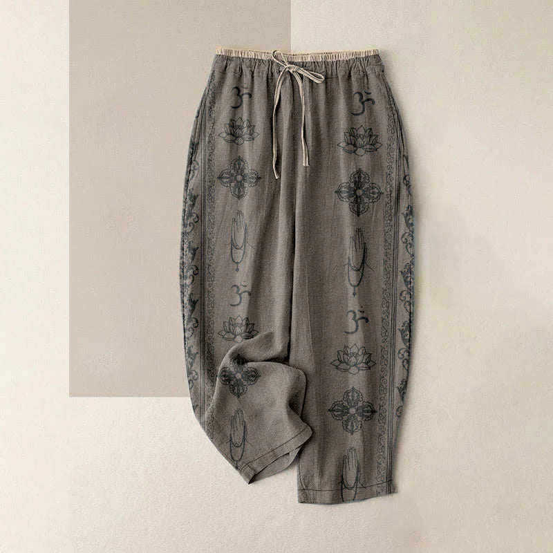 Buddha Stones Cotton Casual Lotus Flowers Double Dorje Vajra Namaste Om Design Women's Elastic Waist Pants With Pockets