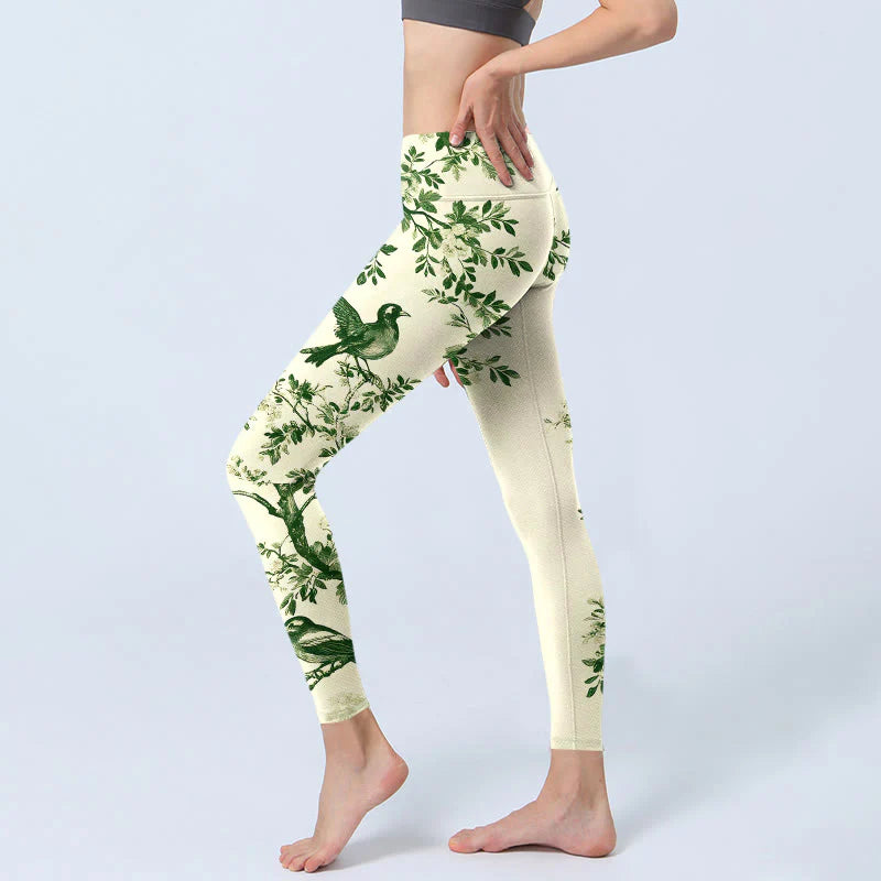 Buddha Stones Fresh Tree Flower Leaf Bird Pattern Print Gym Leggings Women's Yoga Pants