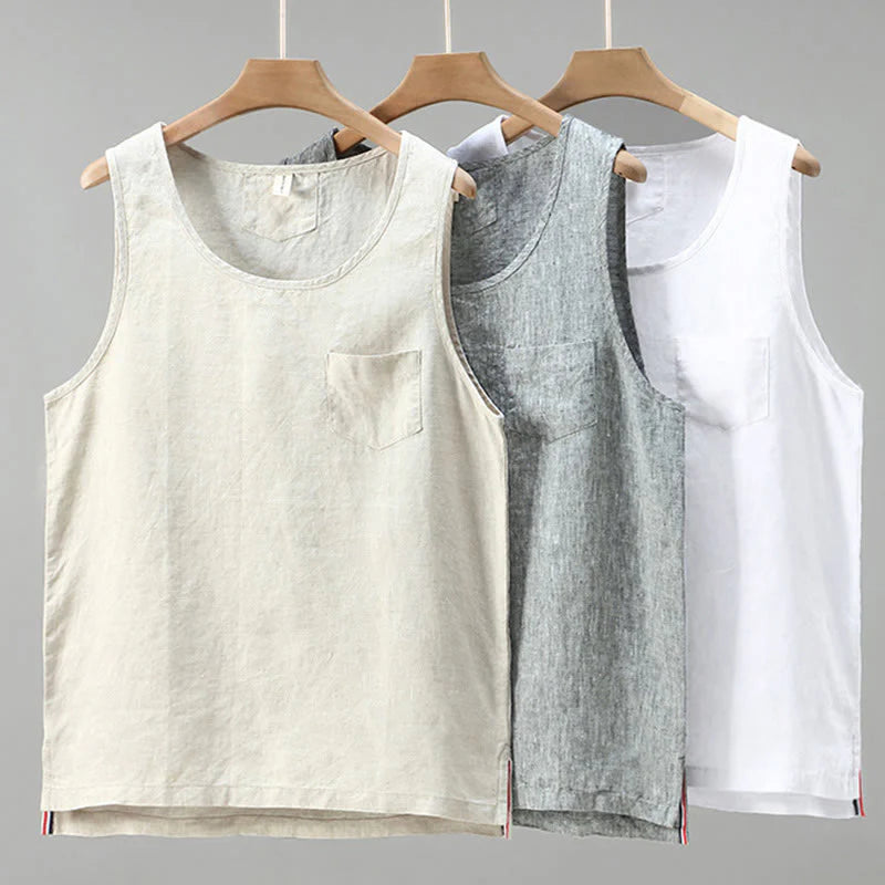 Buddha Stones Summer Solid Color Side Slit Design Sleeveless Men's Linen Vest