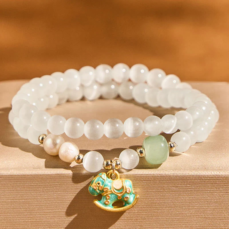 Buddha Stones Year Of The Horse Chrysoberyl Glass Bead Peace Love Double-layered Bracelet