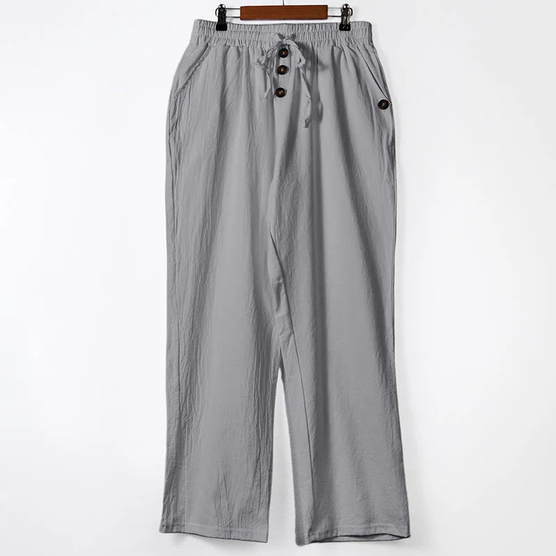 Buddha Stones Solid Color Buttons Drawstring Men's Cotton Pants With Pockets