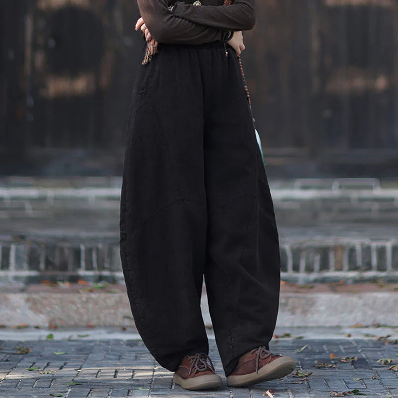 Buddha Stones Winter Elastic Waist Ramie Cotton Thermal Women's Pants With Pockets