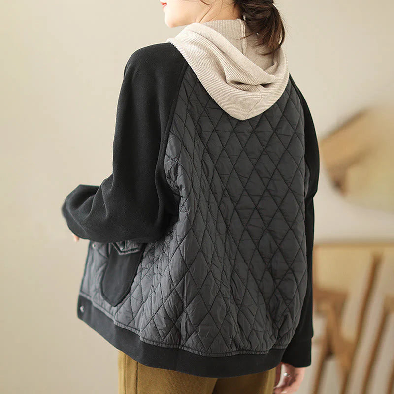 Buddha Stones Diamond Pattern Women's Long Sleeve Thickened Jacket With Pockets