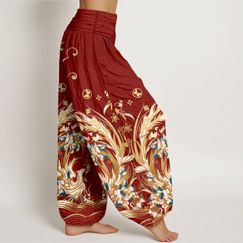 Buddha Stones Cotton Phoenix Butterfly Flower Pattern Women's Elastic Waist Harem Pants