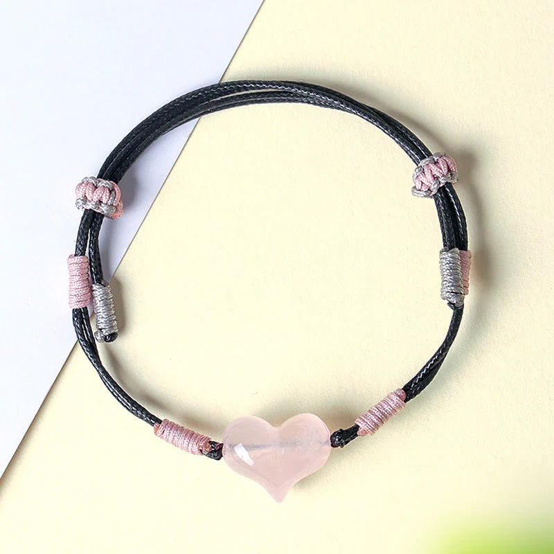 Buddha Stones Natural Heart Charm Pink Crystal Braided String Warmth Bracelet