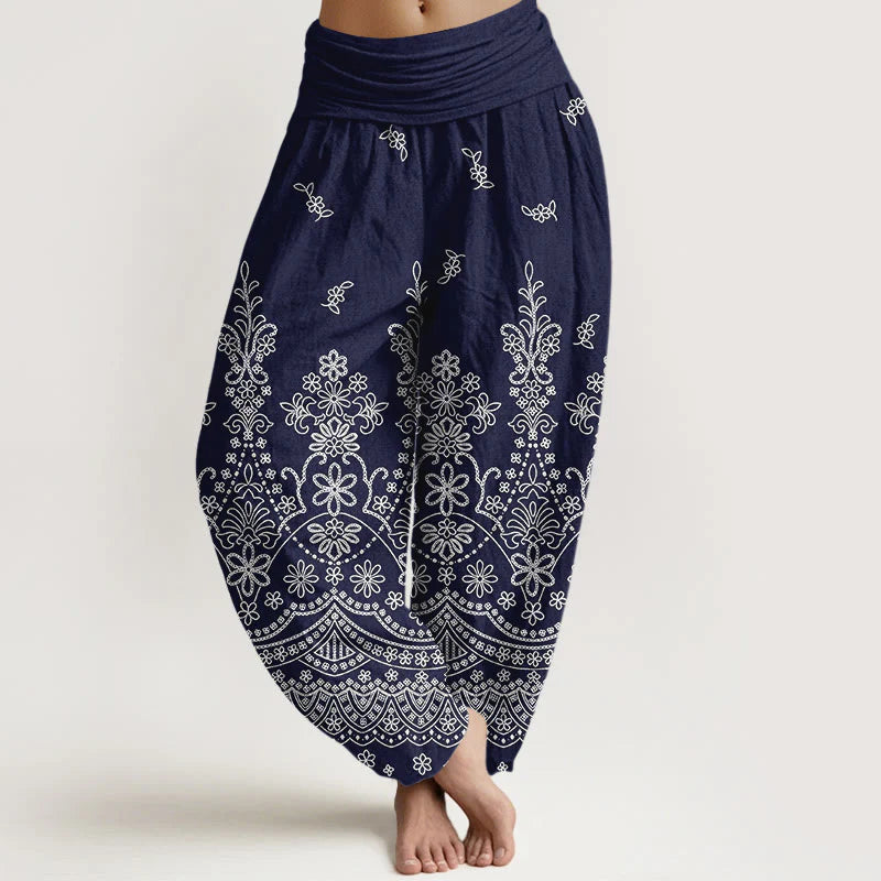 Buddha Stones Cotton Mandala White Flower Pattern Women's Elastic Waist Harem Pants