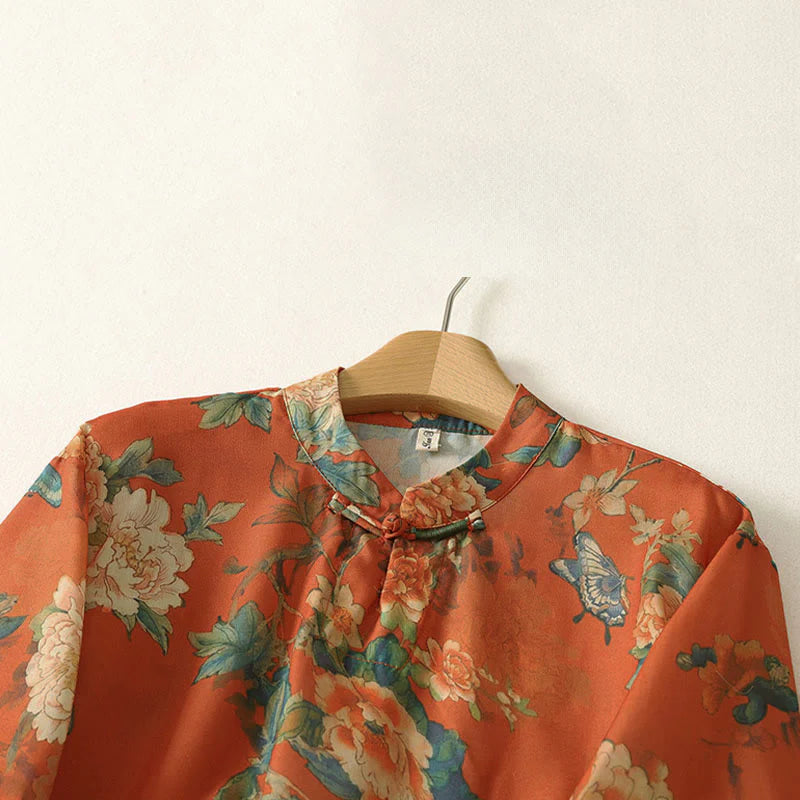 Buddha Stones Stand Collar Frog-Button Floral Print Pattern Short Sleeve Mini Dress
