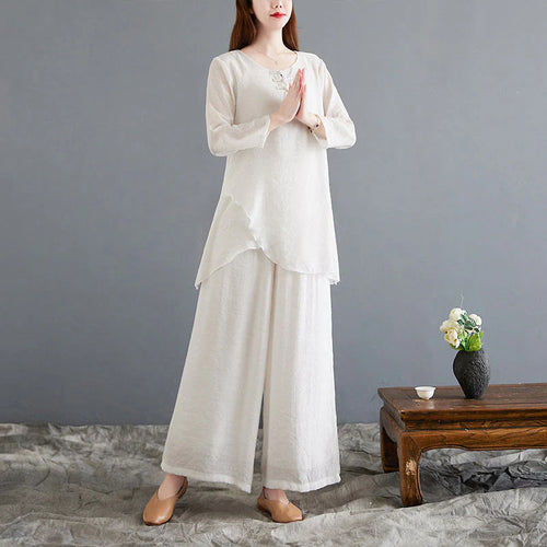 Buddha Stones 2Pcs Beige Chinese Frog-Button Design Long Sleeve Shirt Top Pants Meditation Zen Tai Chi Cotton Linen Clothing Women's Set